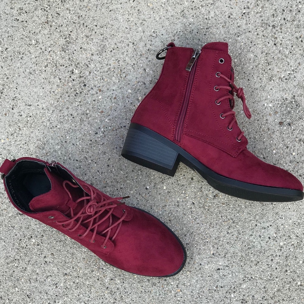 New! Kennedy Burgundy Wine Faux Suede COMBAT BOOTS - Picture 8 of 8
